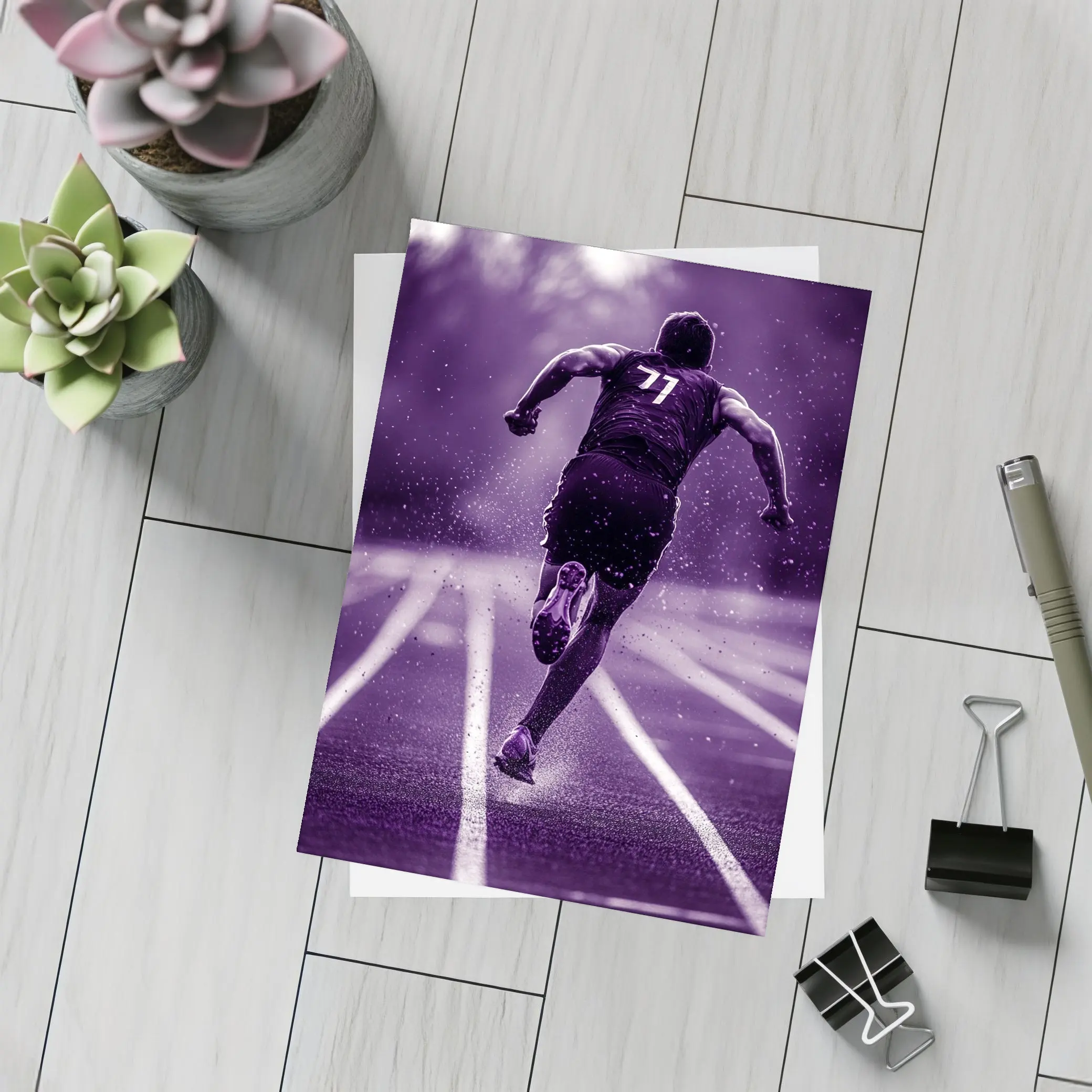 Sprint Runner On Track In Rain Purple – Postcards