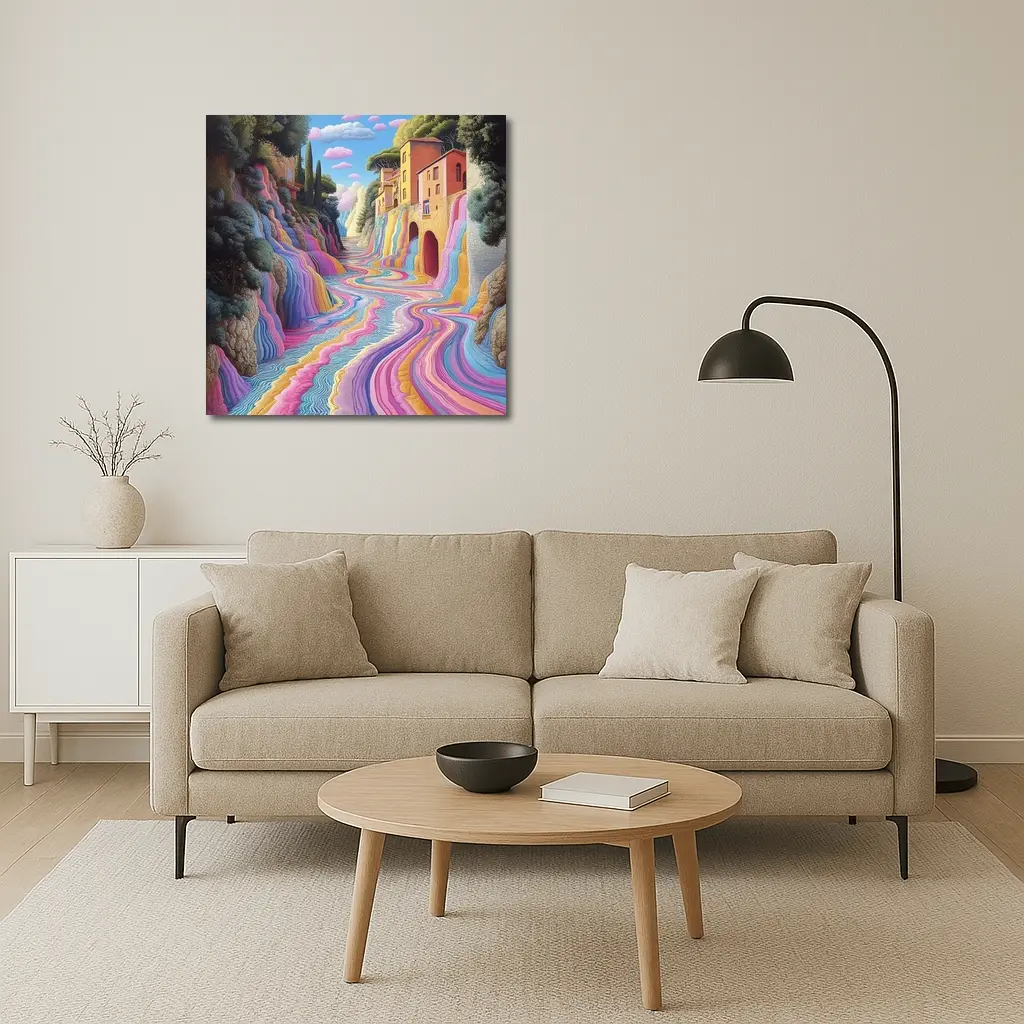 Surreal Colorful River Flowing Through Village – Wall Art