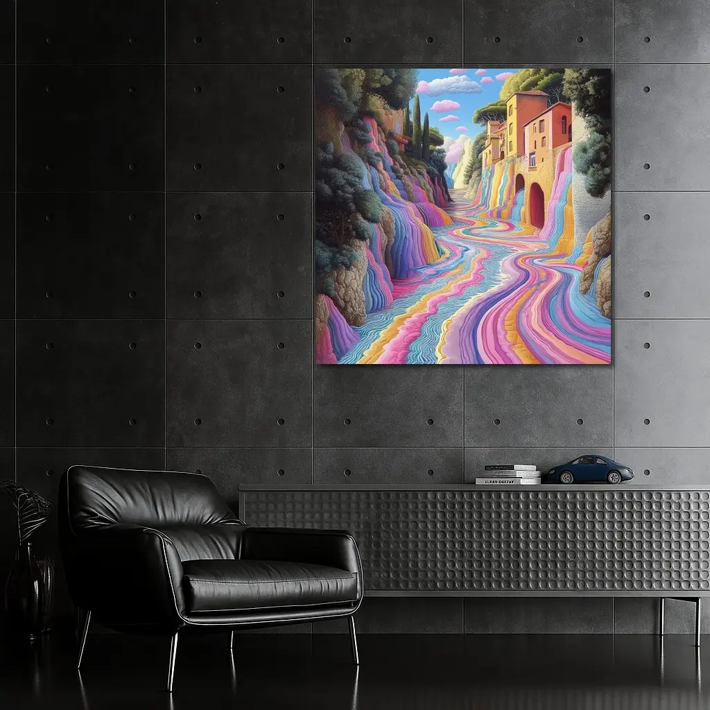 Surreal Colorful River Flowing Through Village – Wall Art