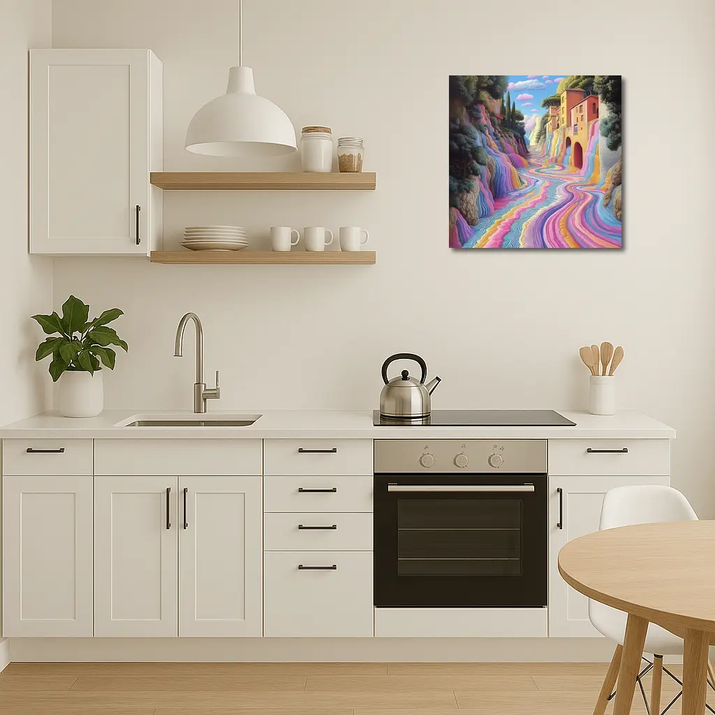 Surreal Colorful River Flowing Through Village – Wall Art