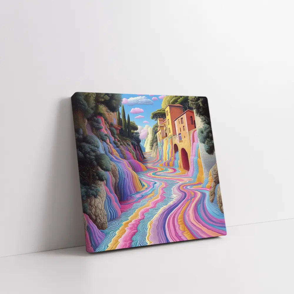 Surreal Colorful River Flowing Through Village – Wall Art
