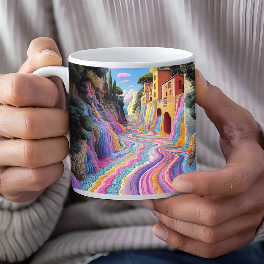Surreal Colorful River Flowing Through Village – Mugs