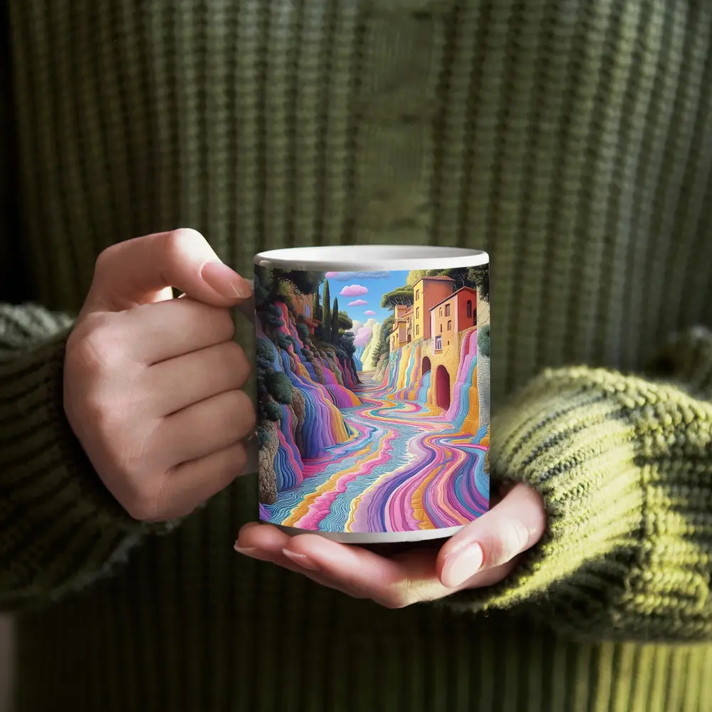 Surreal Colorful River Flowing Through Village – Mugs