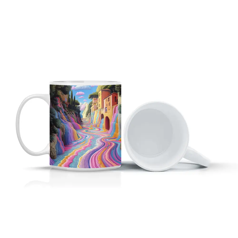 Surreal Colorful River Flowing Through Village – Mugs