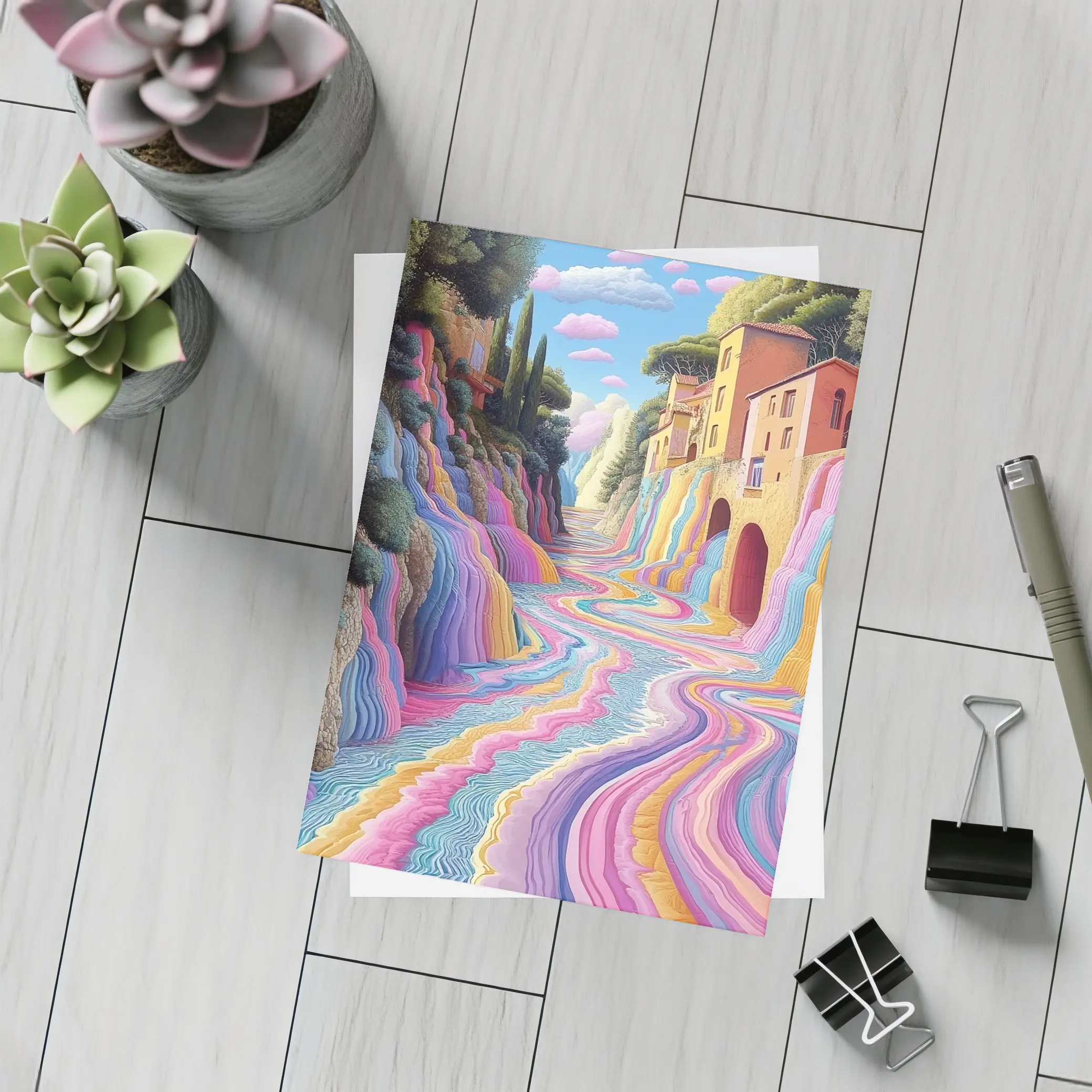 Surreal Colorful River Flowing Through Village – Postcards