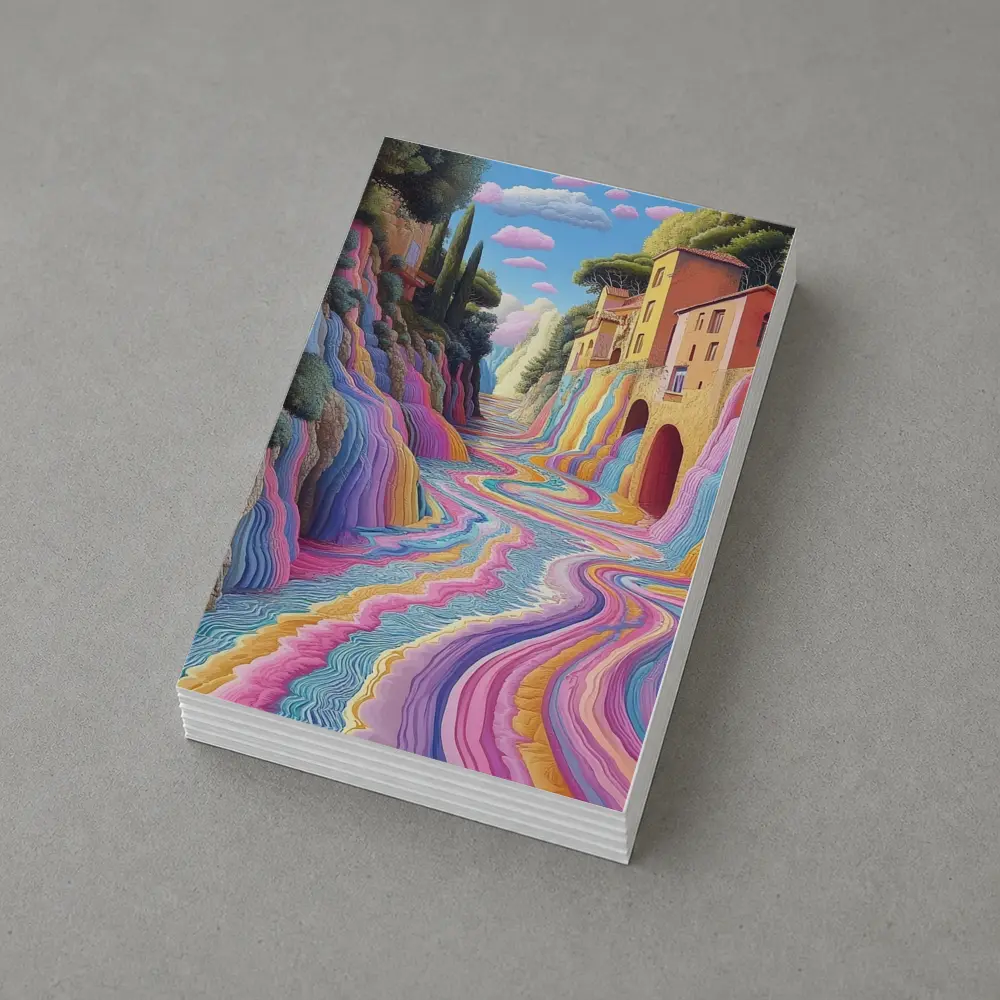 Surreal Colorful River Flowing Through Village – Postcards