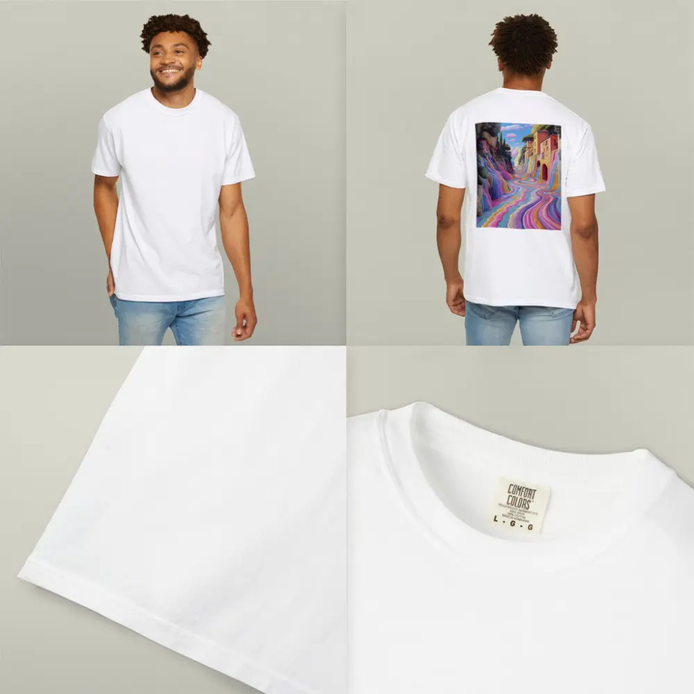 Surreal Colorful River Flowing Through Village – T-Shirts