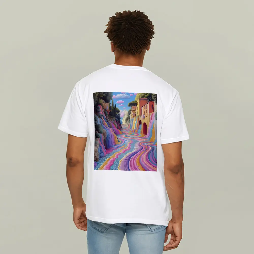Surreal Colorful River Flowing Through Village – T-Shirts