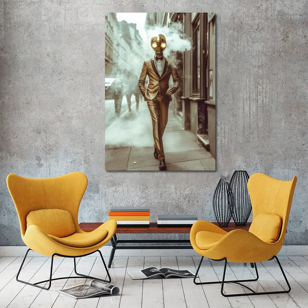 Gold Masked Figure Walking City Street – Wall Art