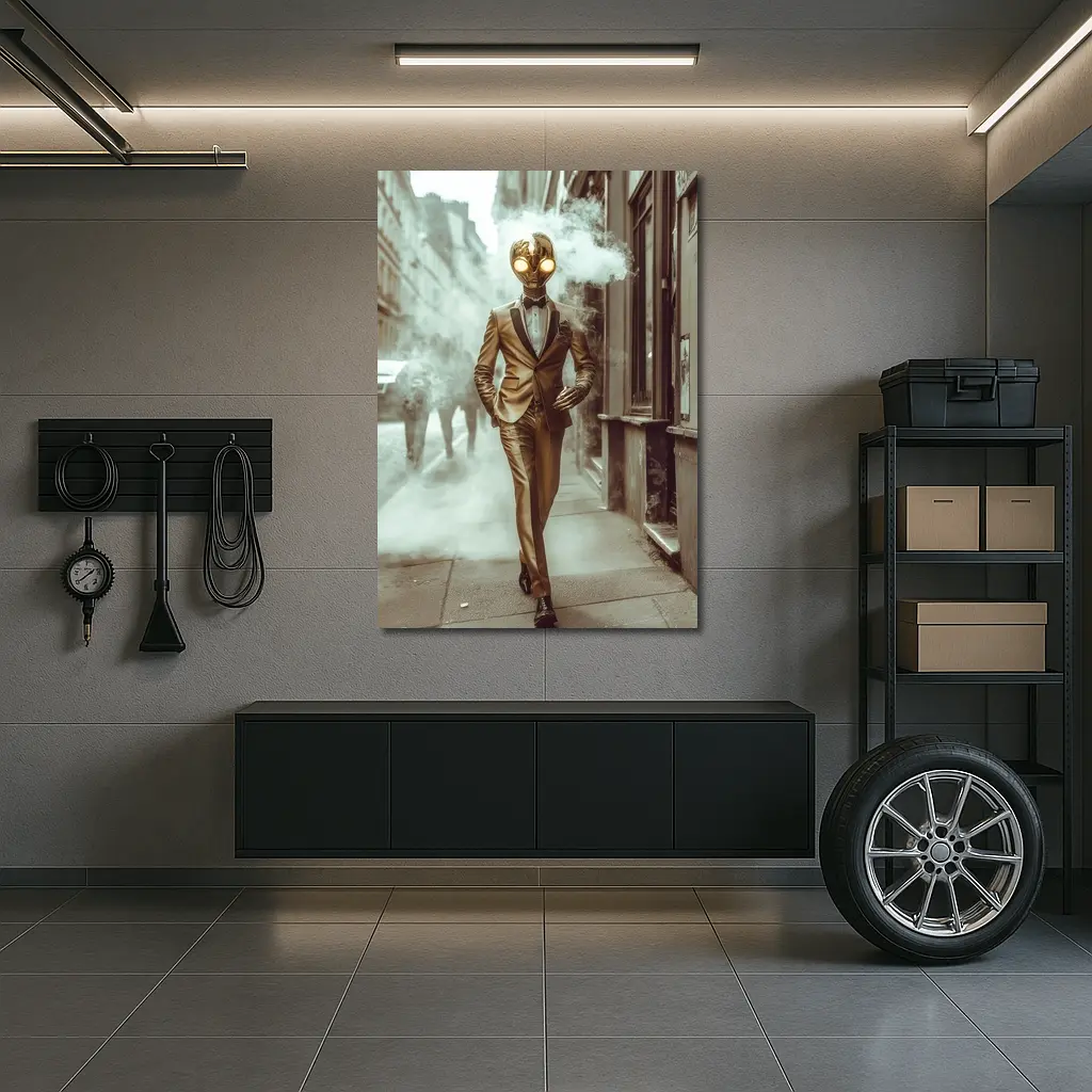 Gold Masked Figure Walking City Street – Wall Art
