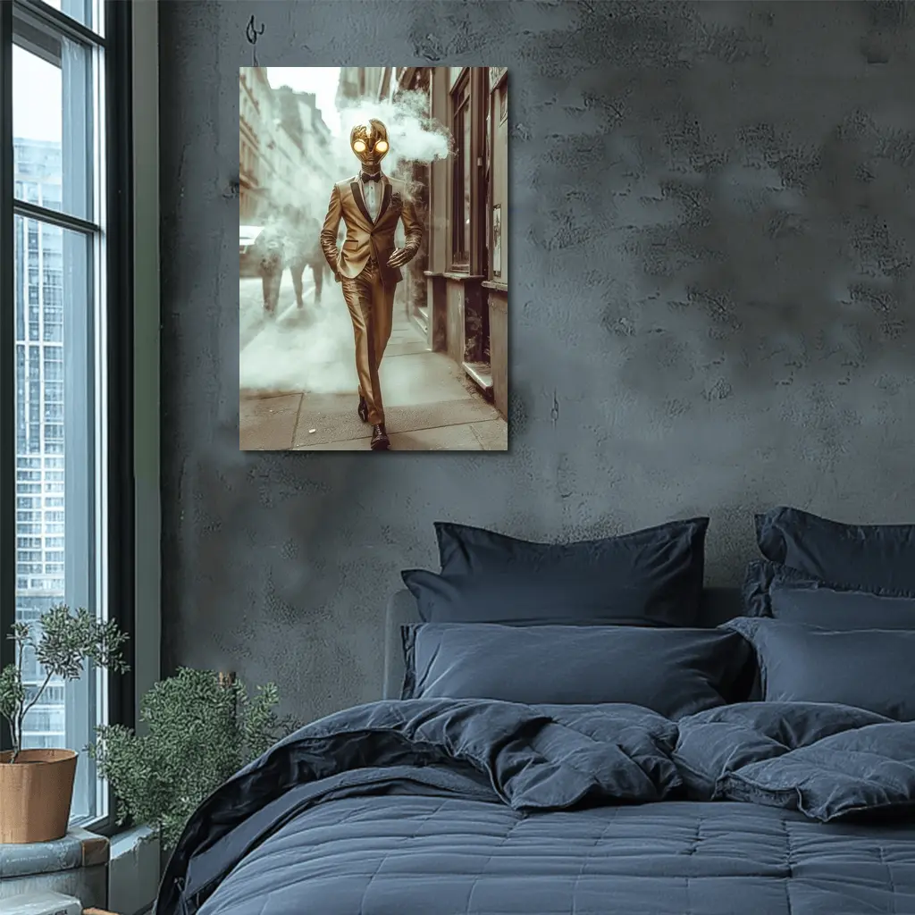 Gold Masked Figure Walking City Street – Wall Art