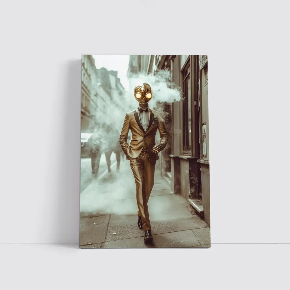 Gold Masked Figure Walking City Street – Wall Art