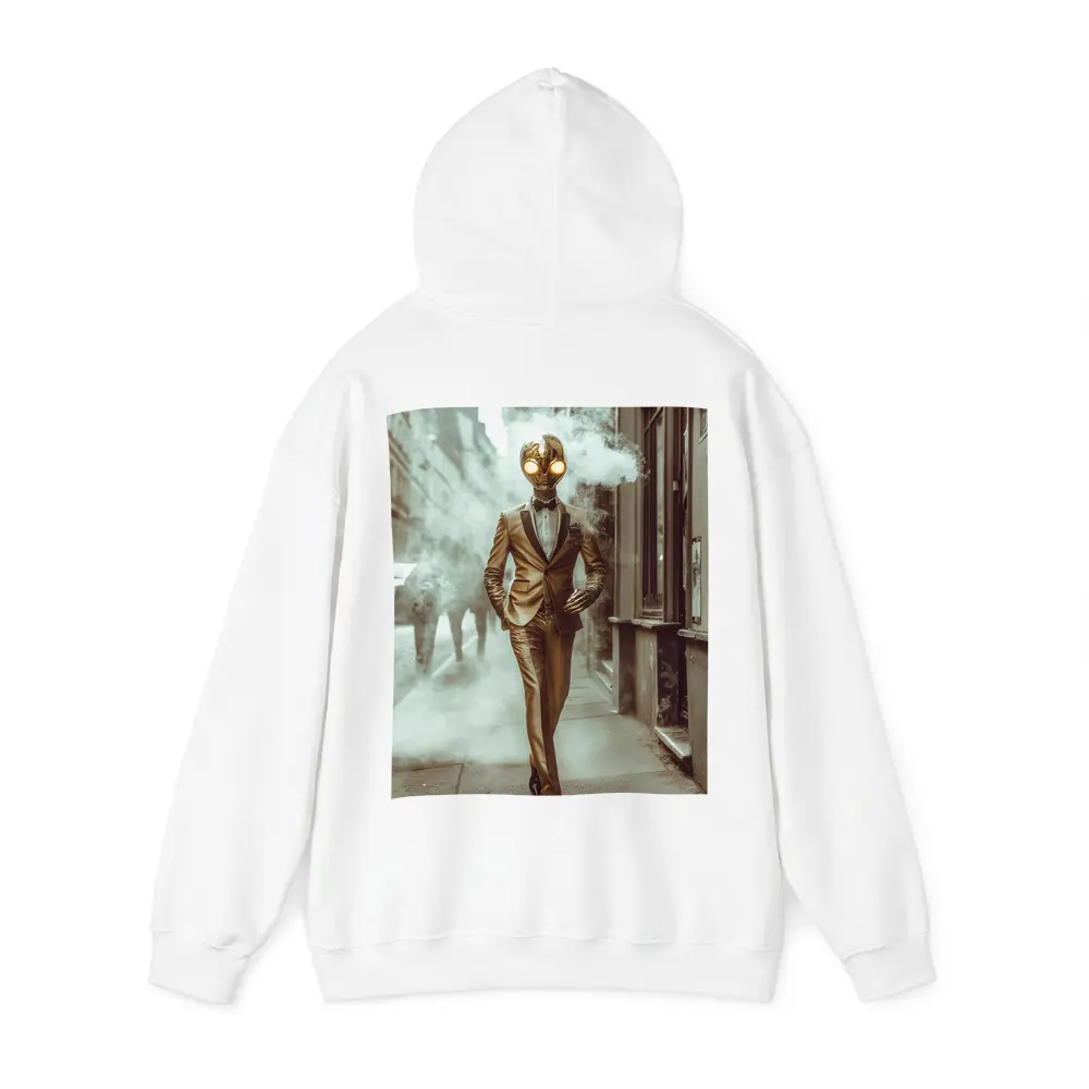 Gold Masked Figure Walking City Street – Hoodies