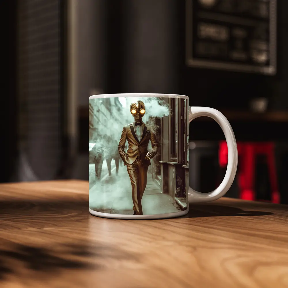 Gold Masked Figure Walking City Street – Mugs