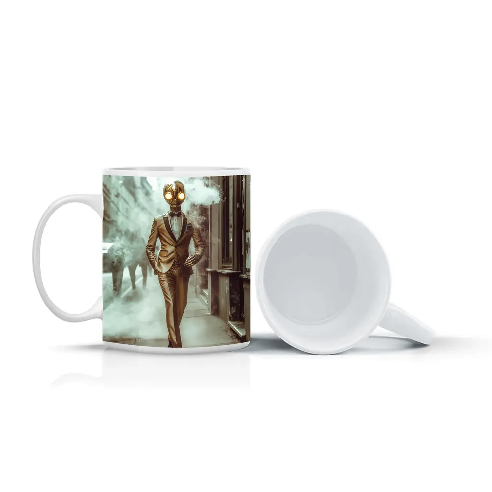 Gold Masked Figure Walking City Street – Mugs