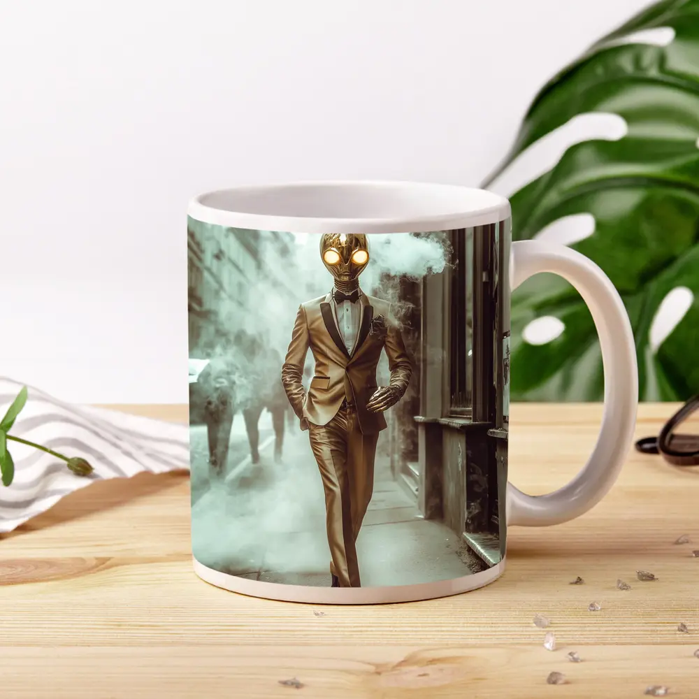 Gold Masked Figure Walking City Street – Mugs