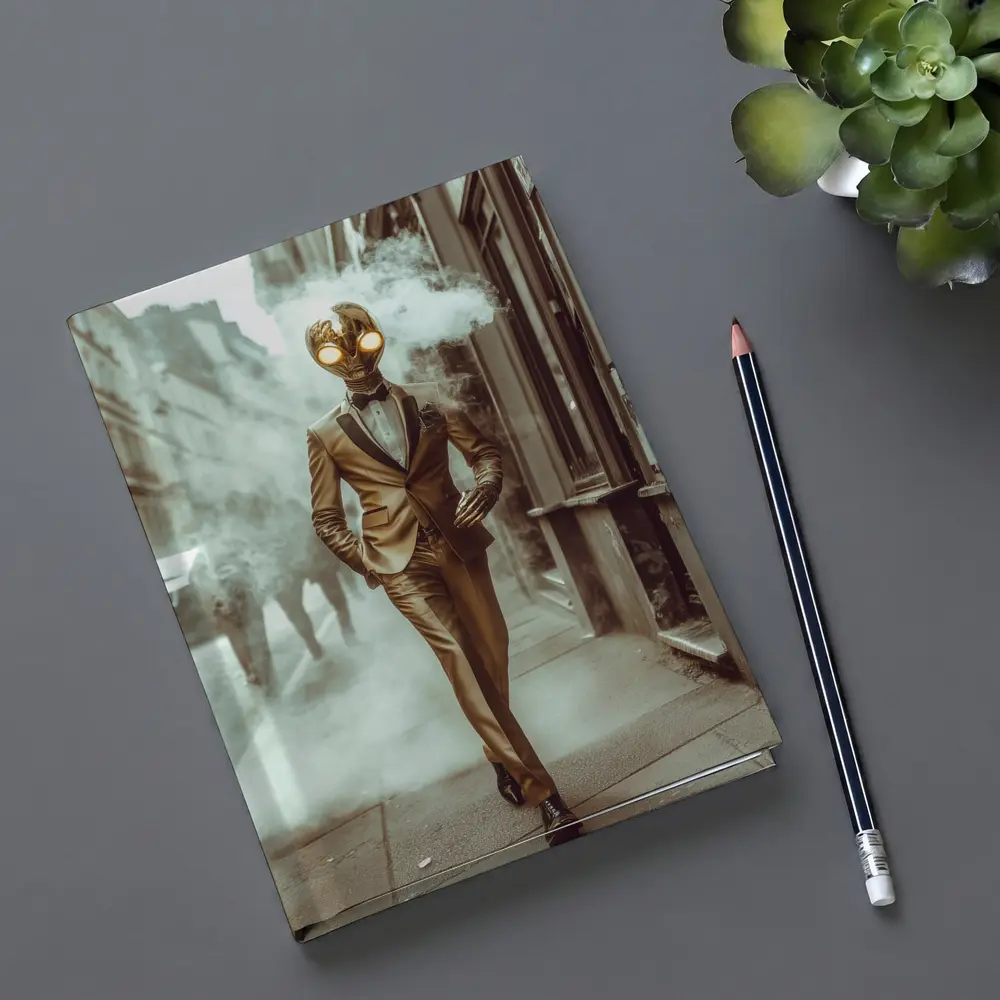 Gold Masked Figure Walking City Street – Notebooks