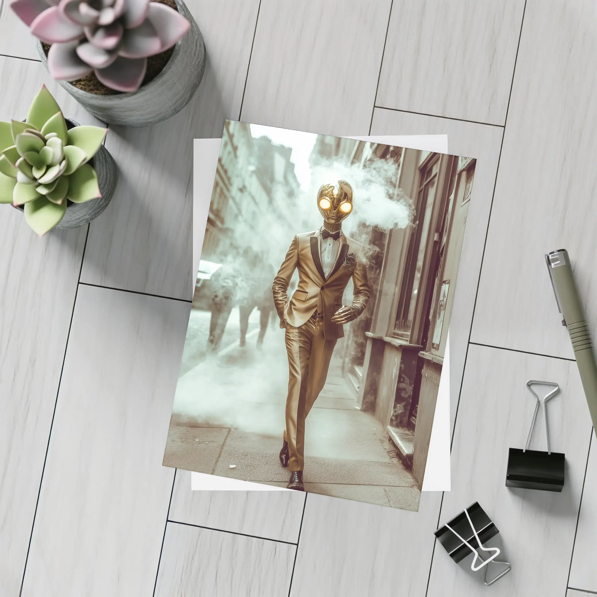 Gold Masked Figure Walking City Street – Postcards