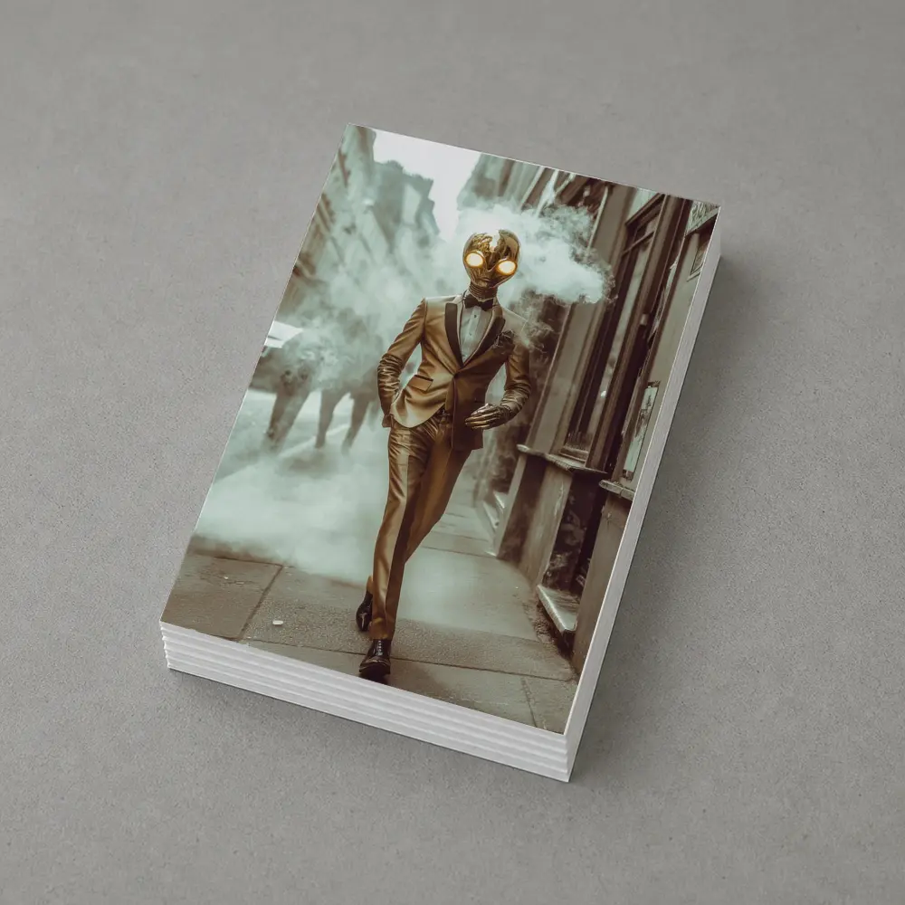 Gold Masked Figure Walking City Street – Postcards