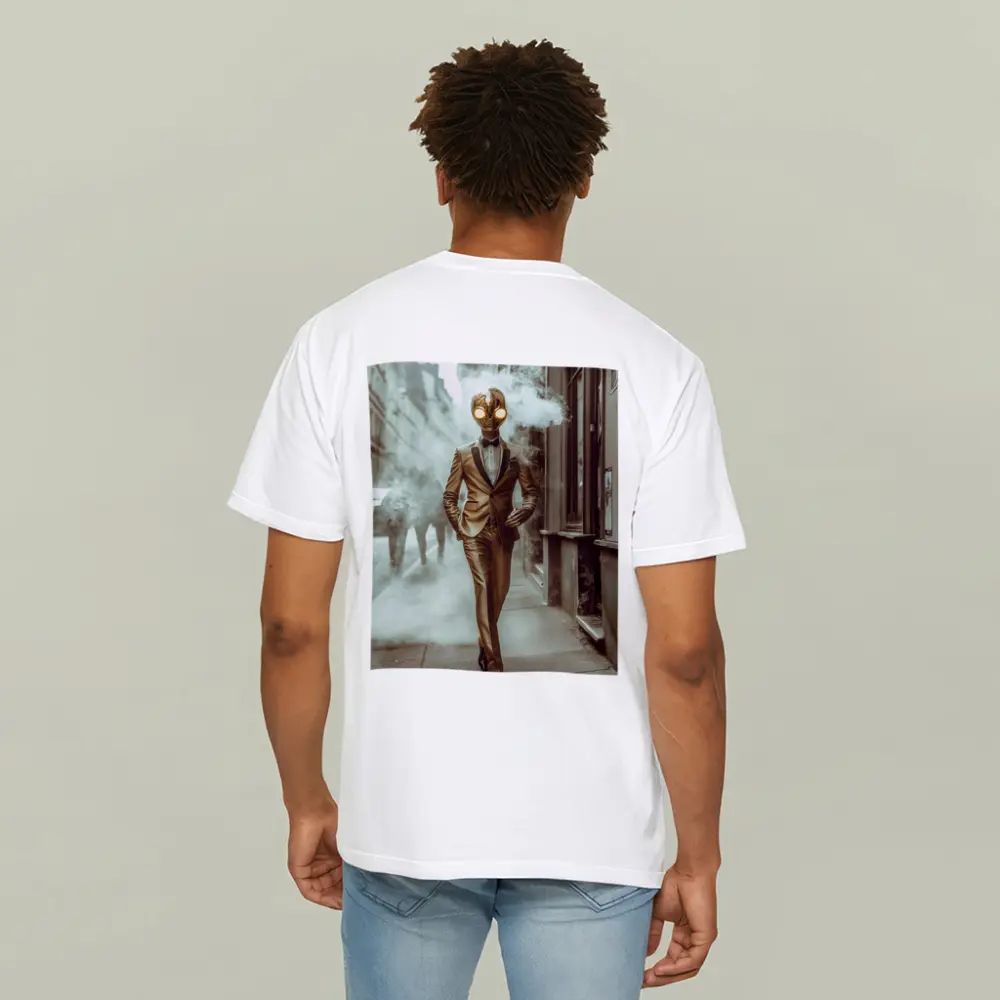 Gold Masked Figure Walking City Street – T-Shirts
