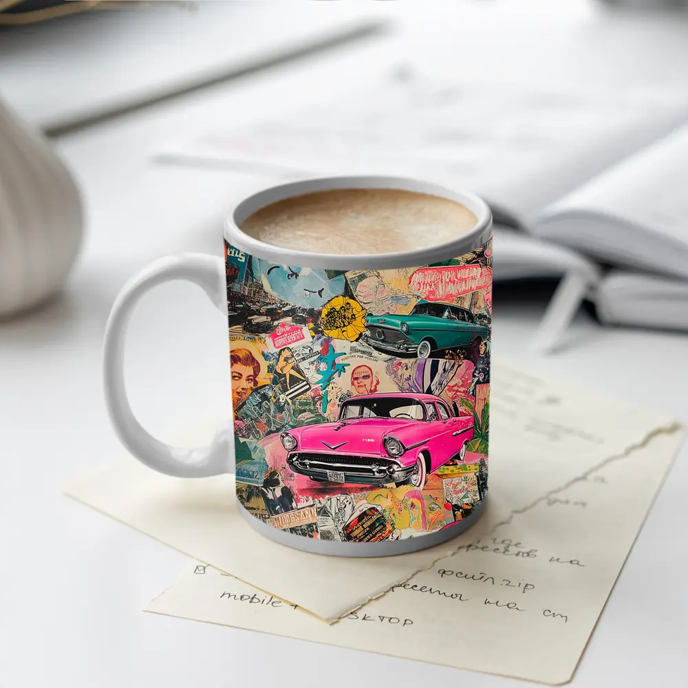 Los Angeles Pop Art Collage Pink Car – Mugs