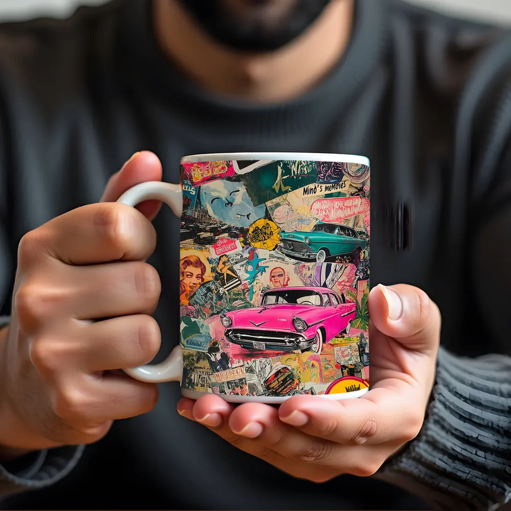 Los Angeles Pop Art Collage Pink Car – Mugs