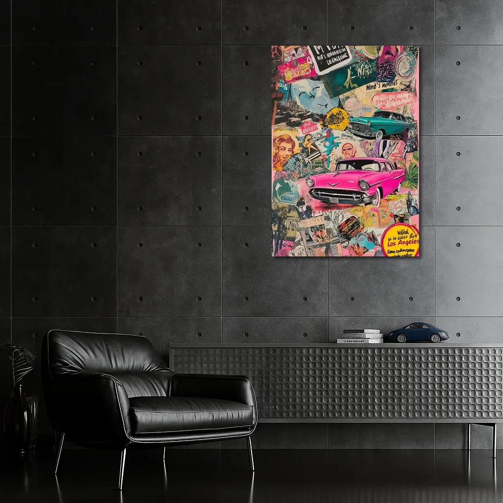 Los Angeles Pop Art Collage Pink Car – Wall Art