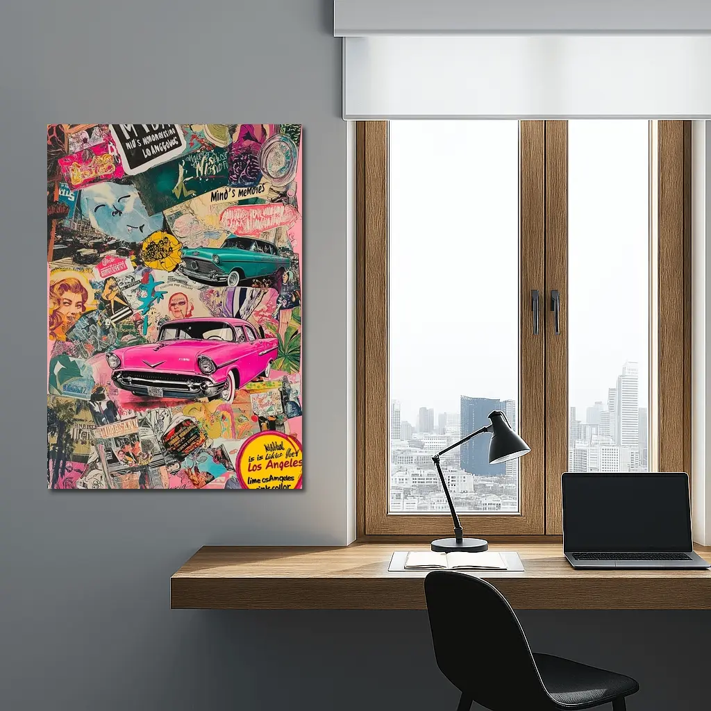 Los Angeles Pop Art Collage Pink Car – Wall Art