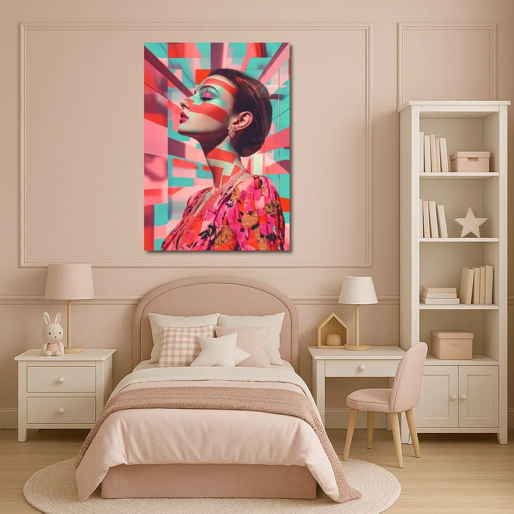 Pop Art Woman Geometric Coral Teal Background – Wall Art