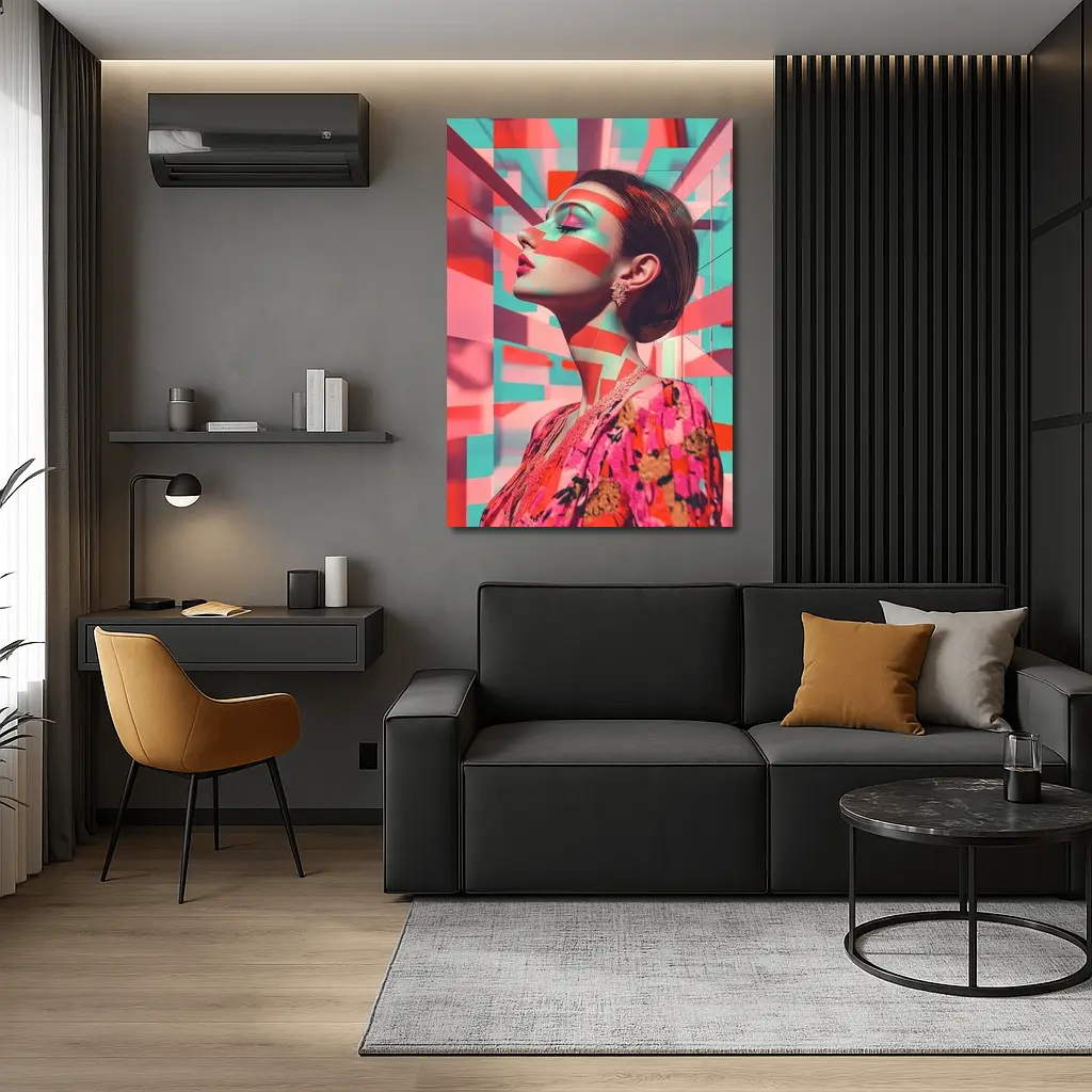 Pop Art Woman Geometric Coral Teal Background – Wall Art