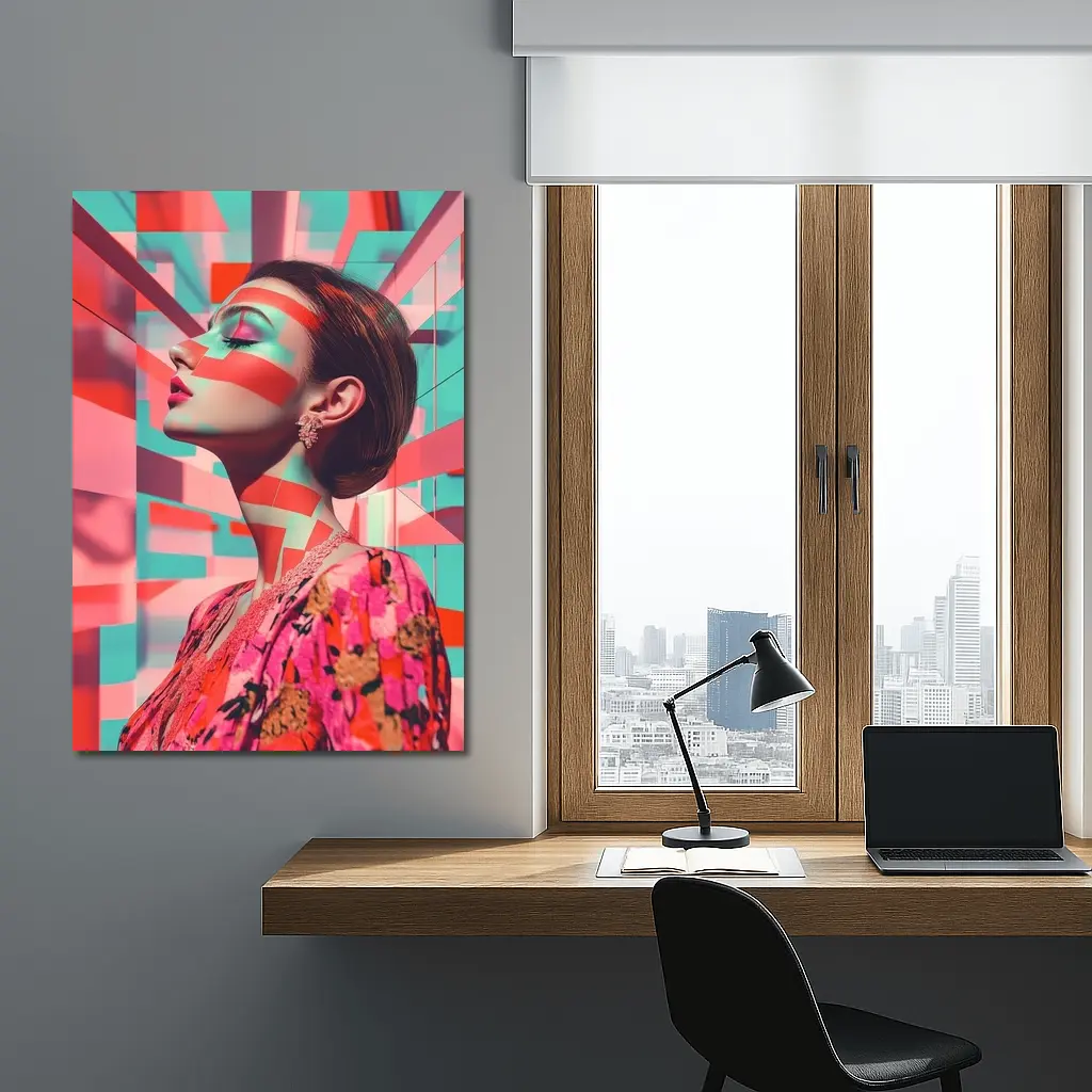 Pop Art Woman Geometric Coral Teal Background – Wall Art