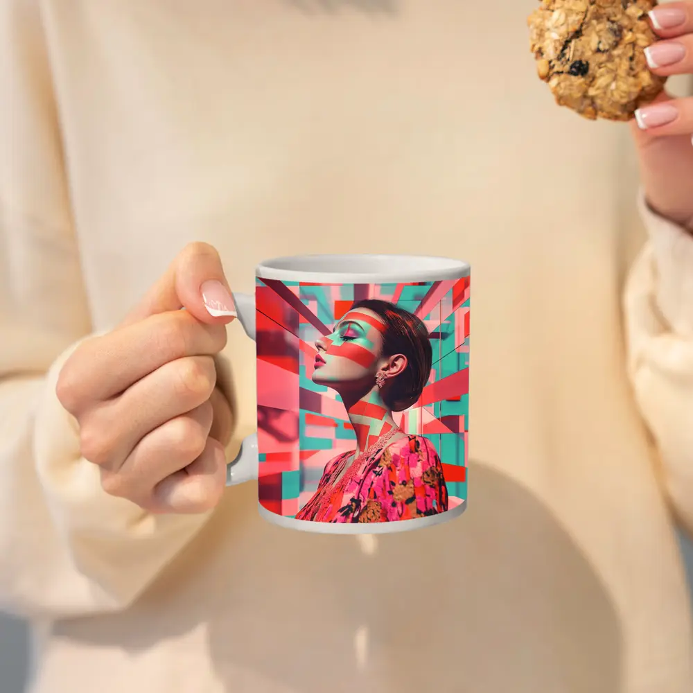Pop Art Woman Geometric Coral Teal Background – Mugs