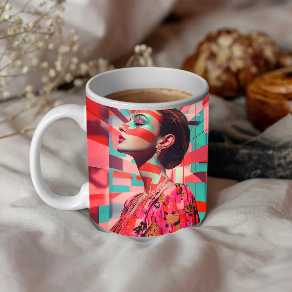Pop Art Woman Geometric Coral Teal Background – Mugs