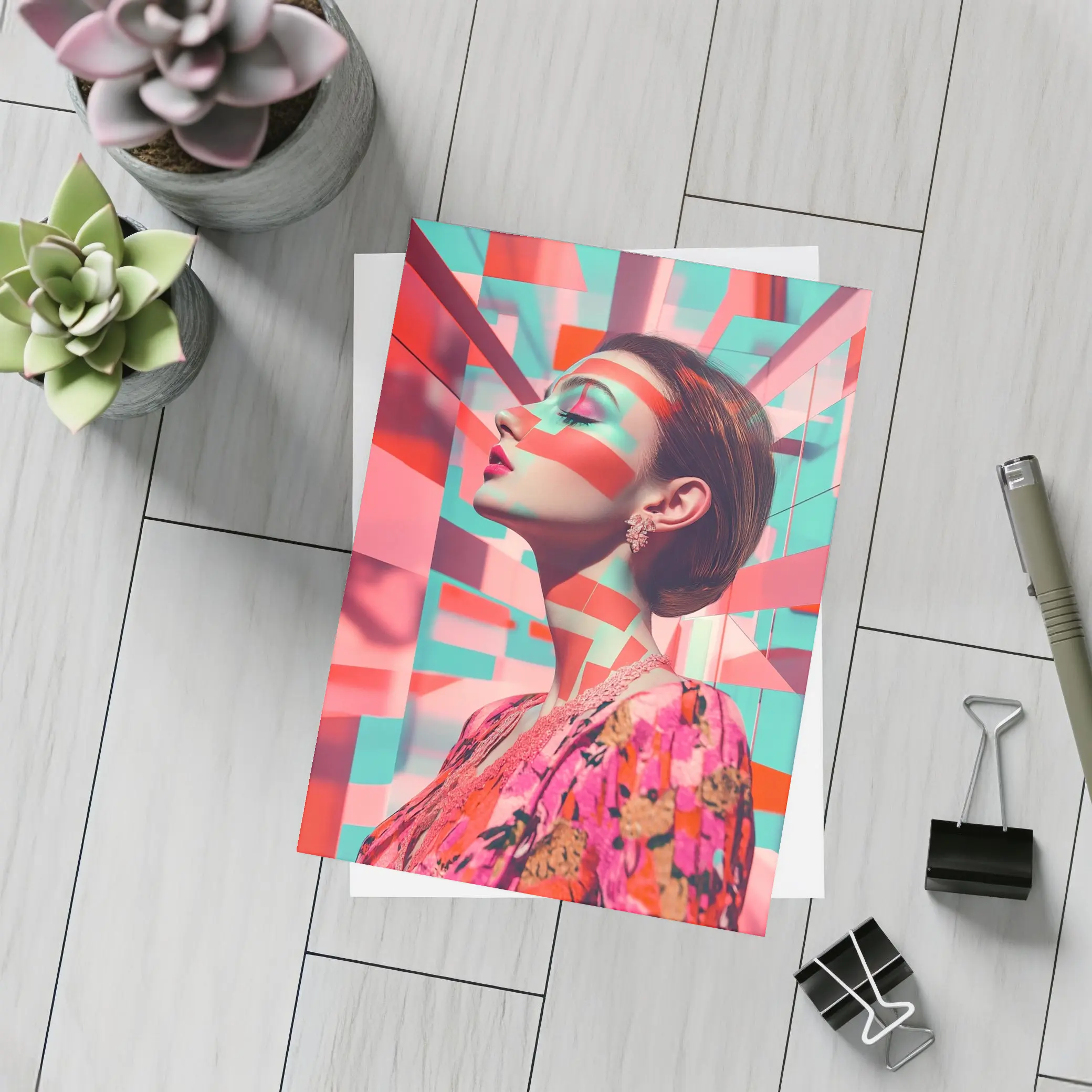 Pop Art Woman Geometric Coral Teal Background – Postcards
