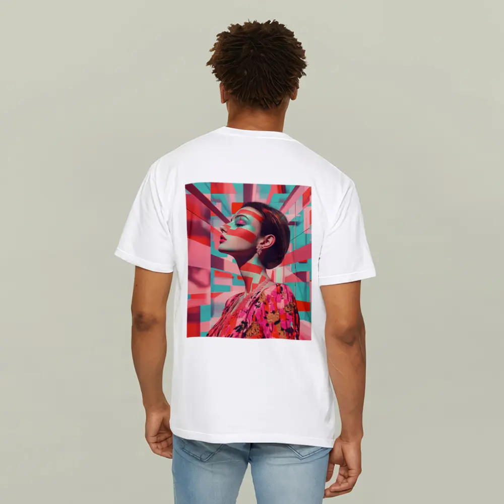 Pop Art Woman Geometric Coral Teal Background – T-Shirts