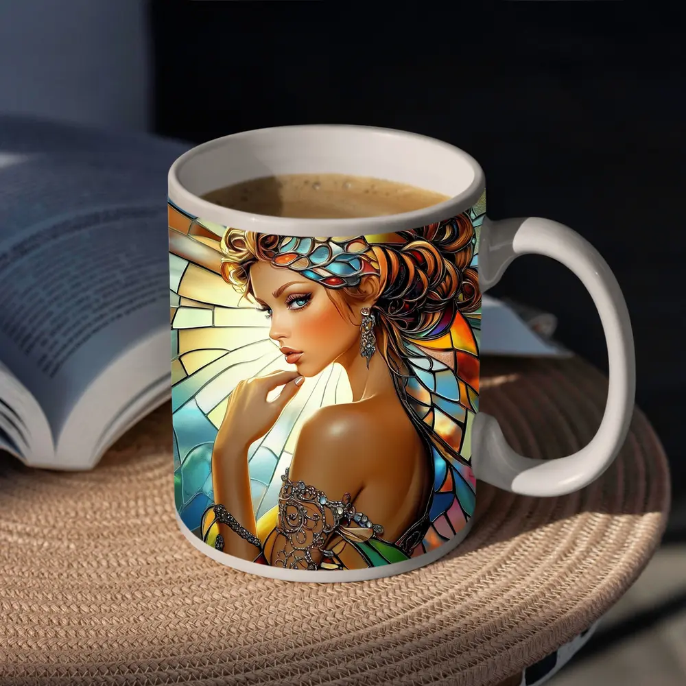 Stained Glass Woman Portrait Art Nouveau Style – Mugs