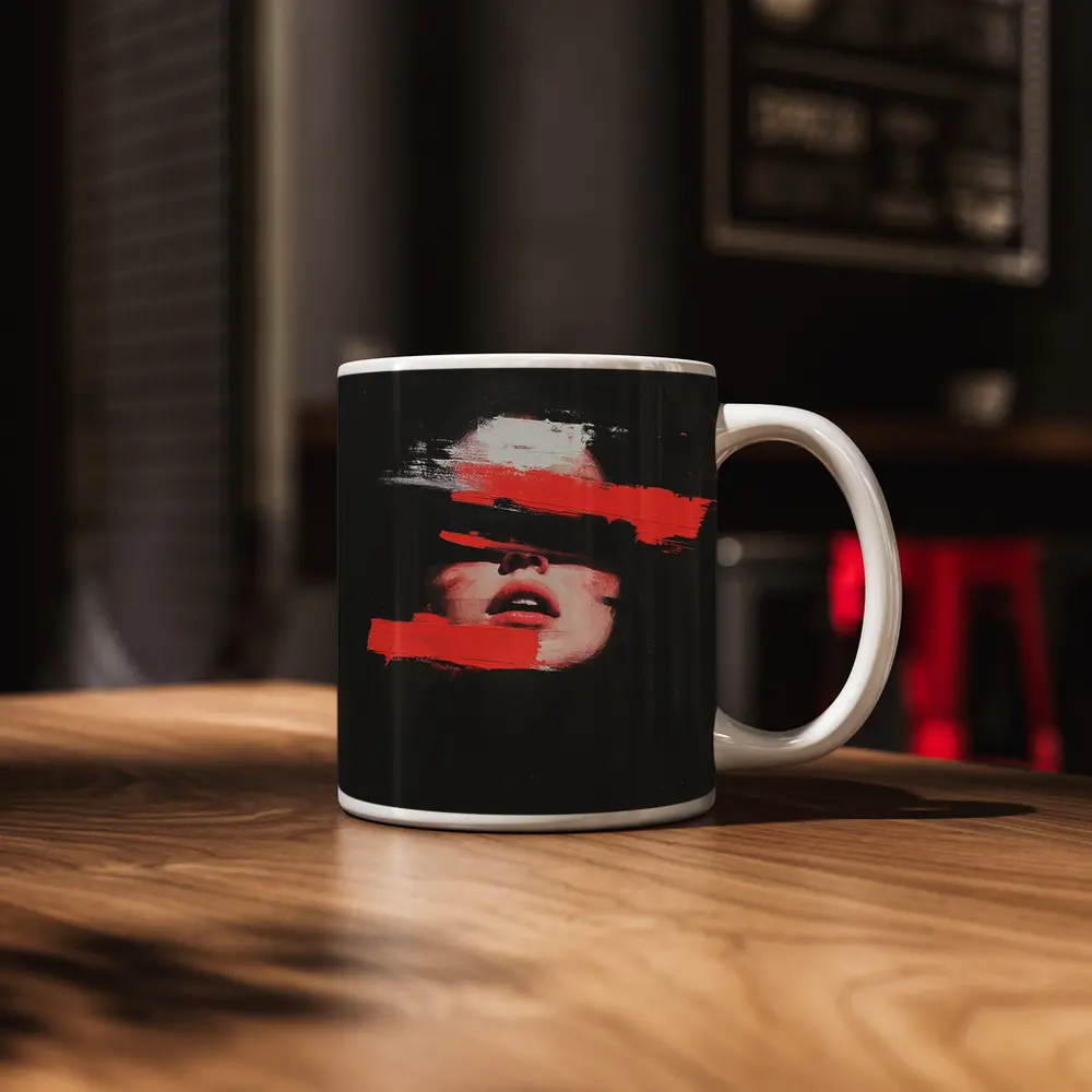 Woman Face Red Brushstrokes Dark Abstract Art – Mugs
