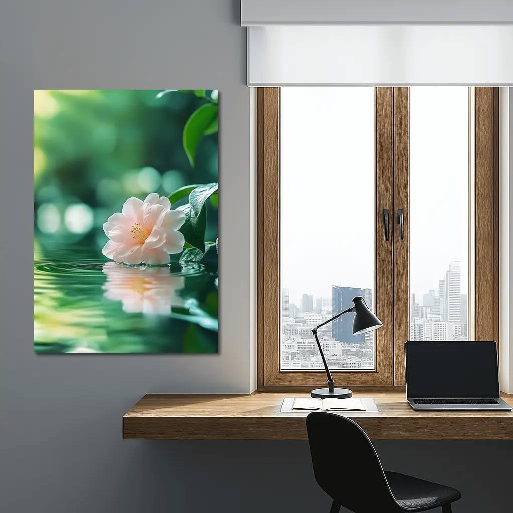 Pink Camellia Floating on Green Water – Wall Art