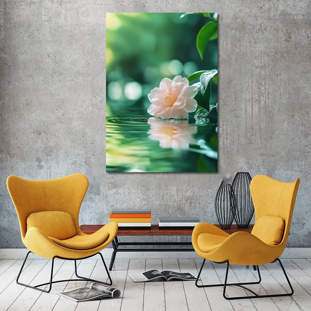 Pink Camellia Floating on Green Water – Wall Art