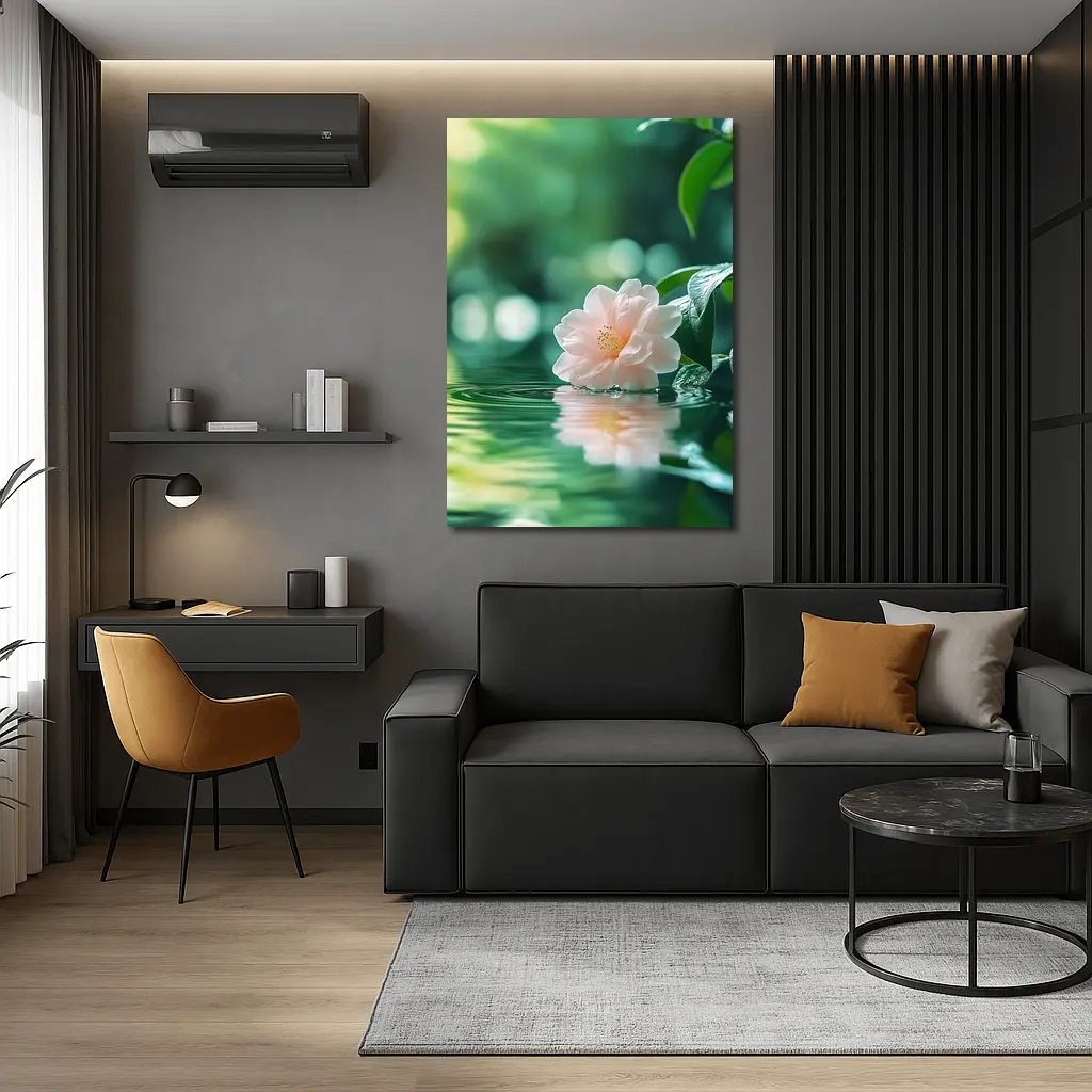 Pink Camellia Floating on Green Water – Wall Art