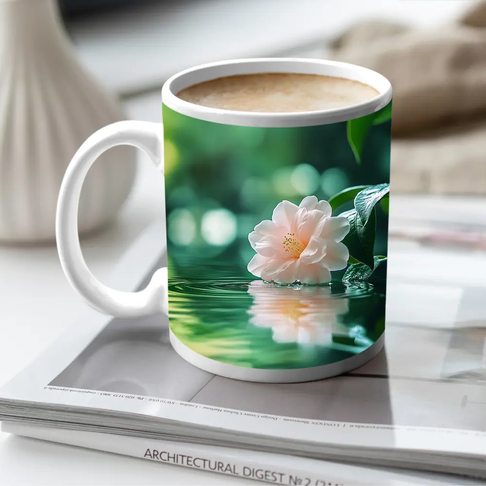 Pink Camellia Floating on Green Water – Mugs