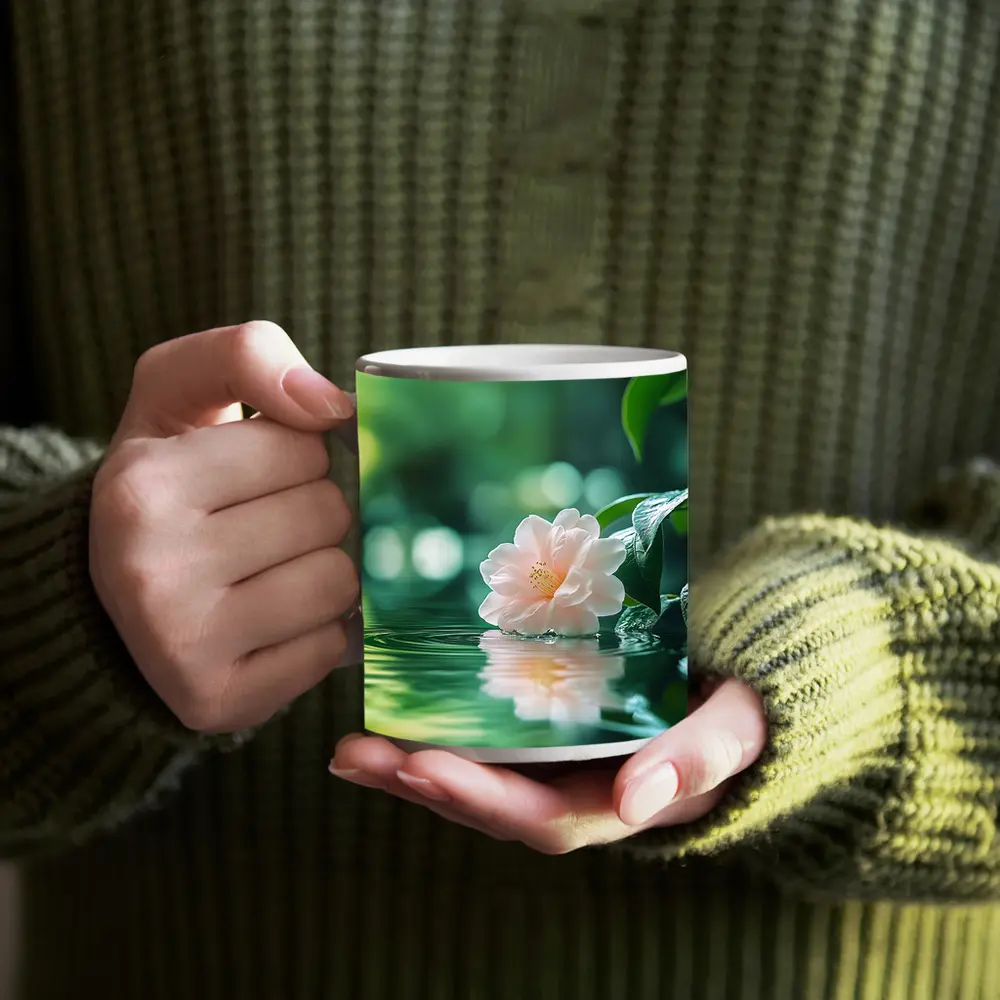Pink Camellia Floating on Green Water – Mugs