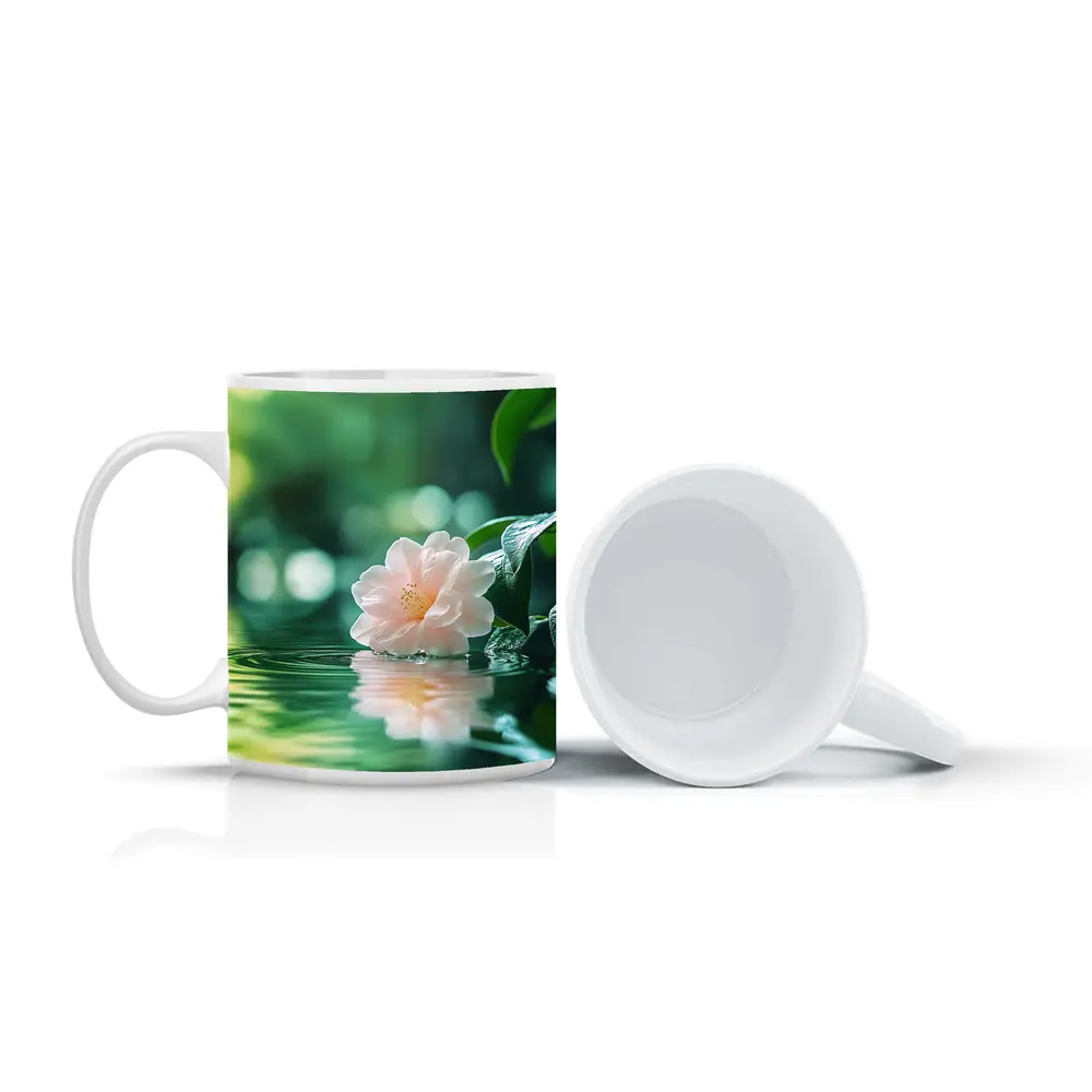 Pink Camellia Floating on Green Water – Mugs