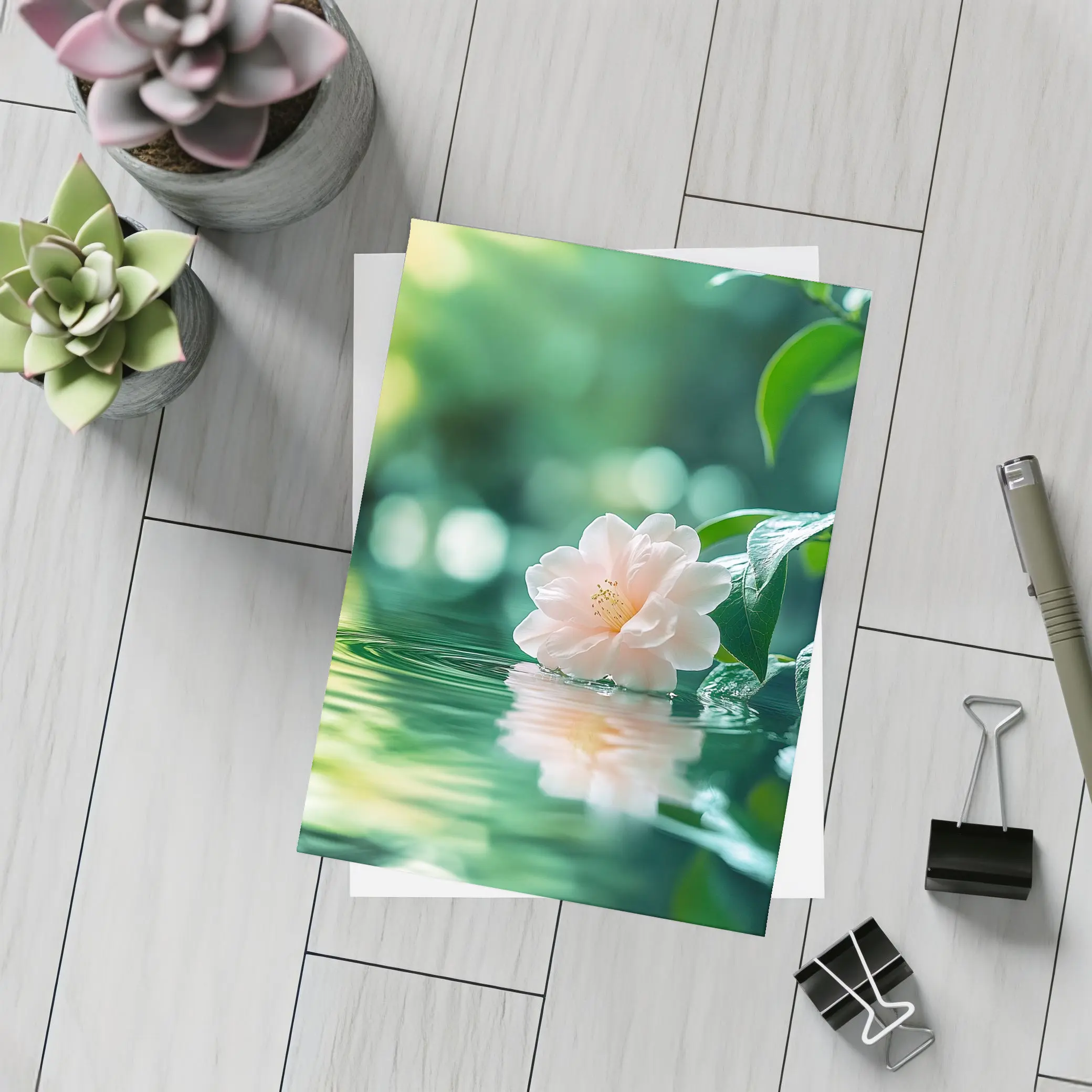 Pink Camellia Floating on Green Water – Postcards