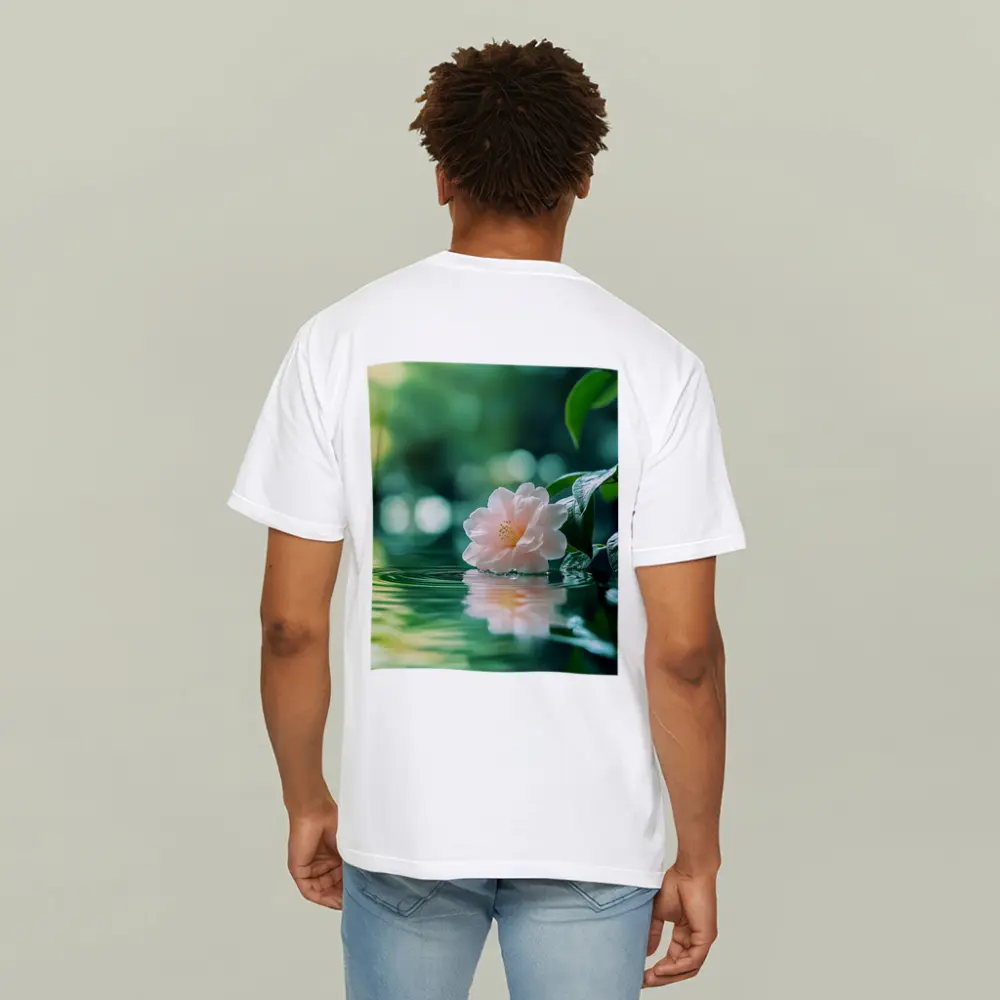 Pink Camellia Floating on Green Water – T-Shirts