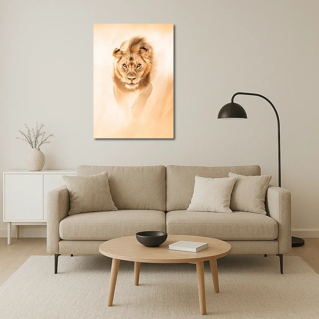 Lion Walking Forward Warm Sandy Background – Wall Art