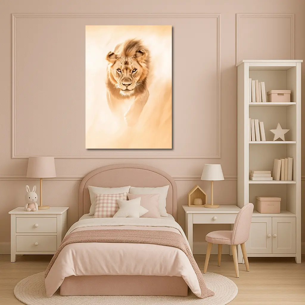 Lion Walking Forward Warm Sandy Background – Wall Art