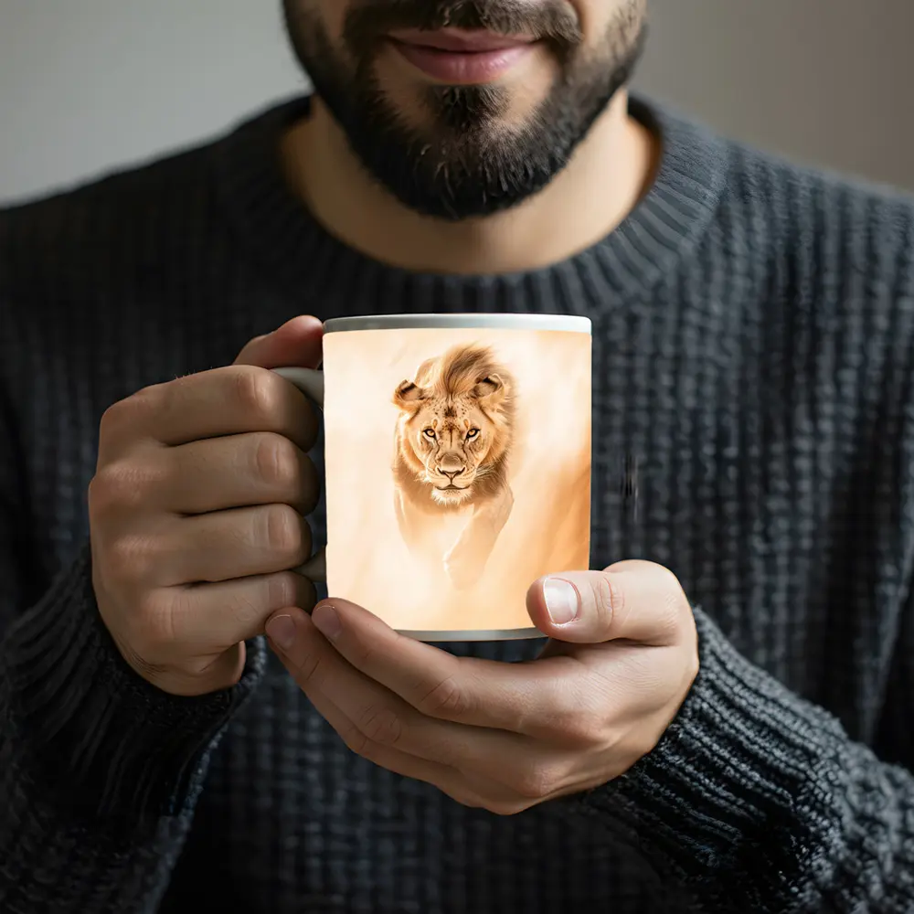Lion Walking Forward Warm Sandy Background – Mugs