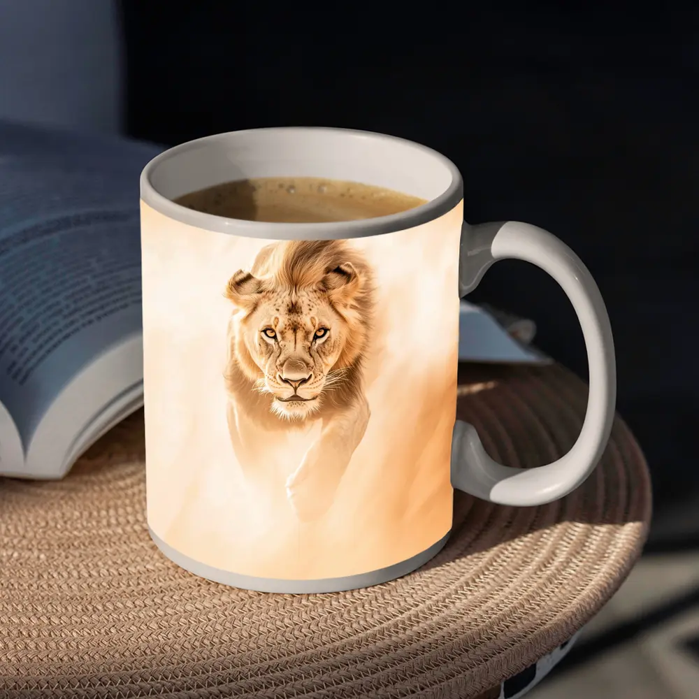 Lion Walking Forward Warm Sandy Background – Mugs