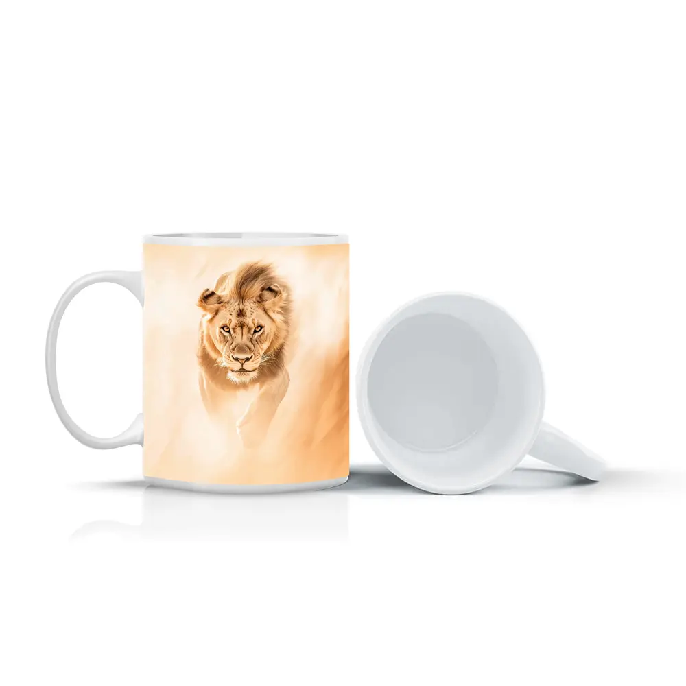 Lion Walking Forward Warm Sandy Background – Mugs